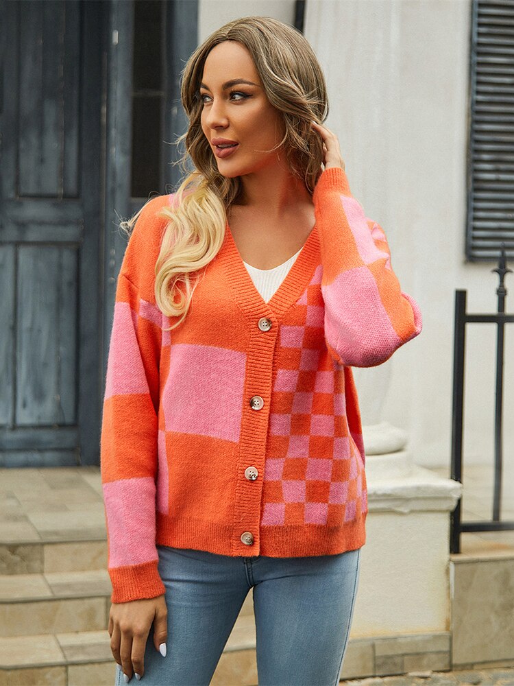 Fashion Women Sweaters 2023 AutumnWinter New Knitted Cardigan Woman Checkered Panel Ladies Sweater Streetwear Coat Tops Knitwear - - DYAVOR®