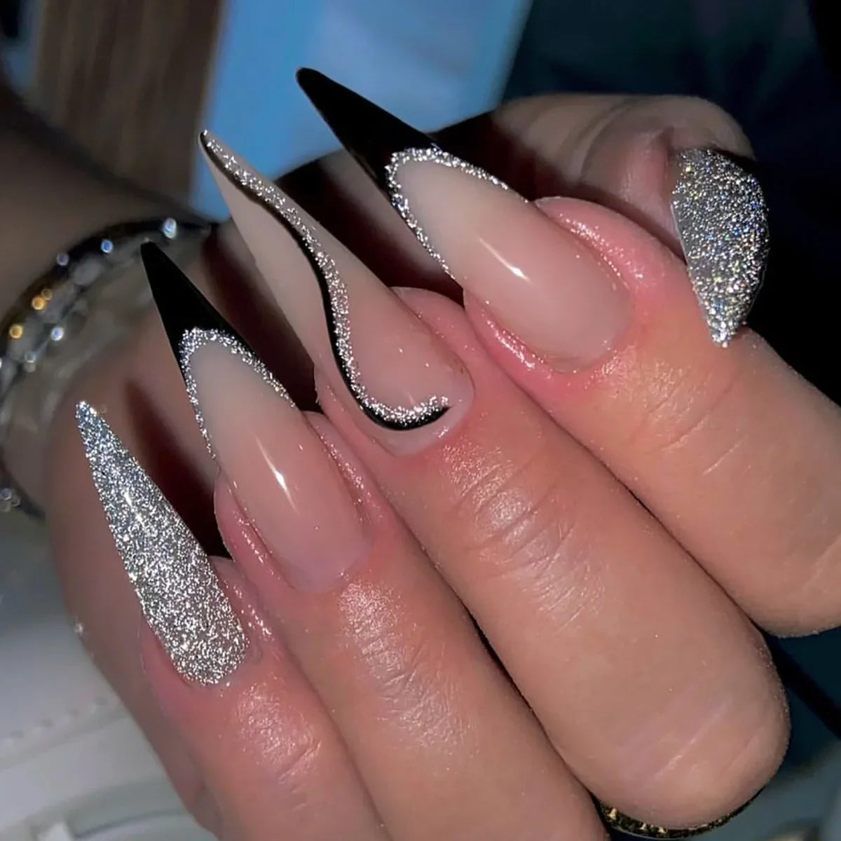 24Pcs Frosting False Nail almond with Golden Glitter Designs French Rhinestone Manicure Stiletto Fake Nails Set Press on Nails - - DYAVOR®