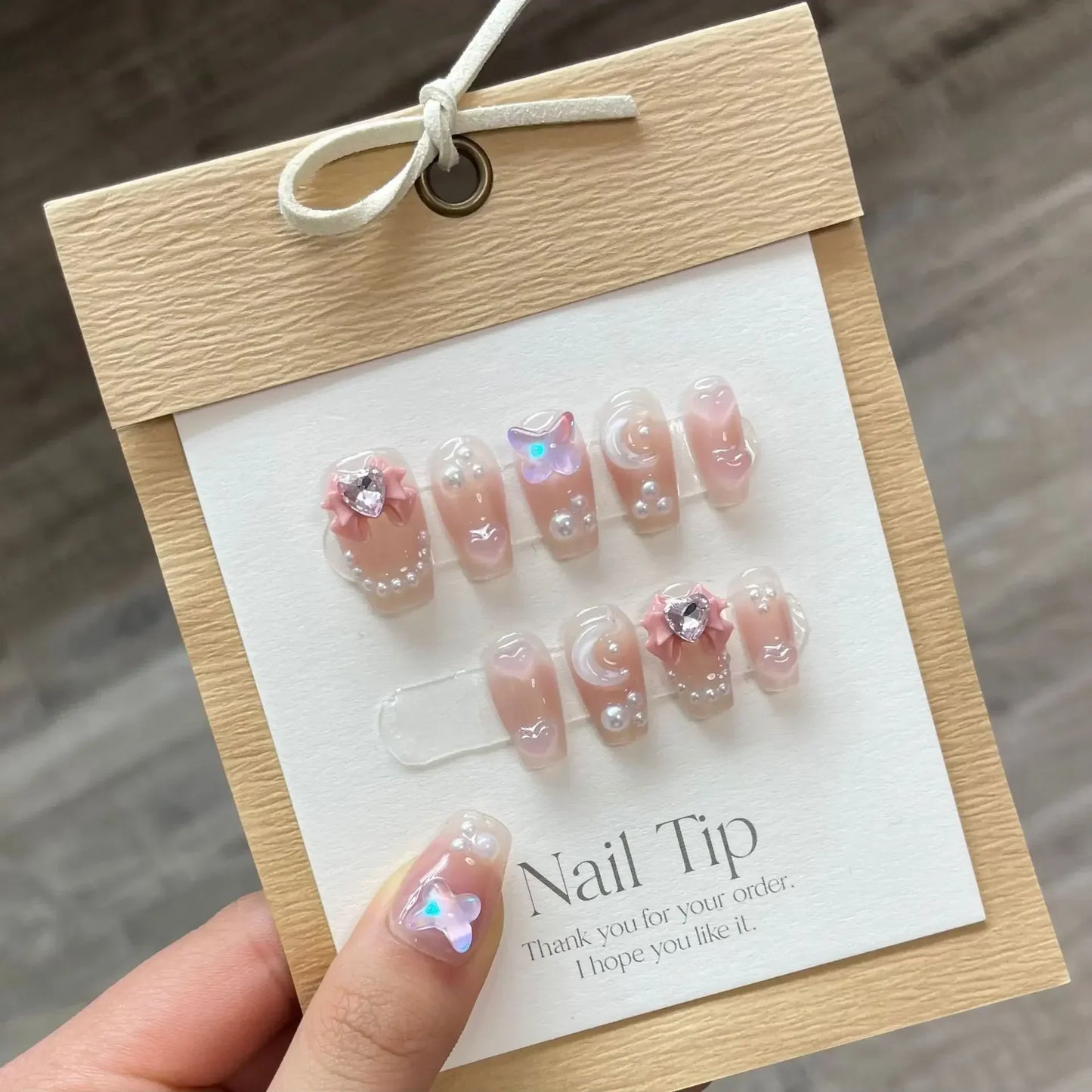 10Pcs Short Handmade Ballet Press on Nails Butterfly Rhinestones Heart Wearable False Nails Decoration Full Cover Nail Tips Art - - DYAVOR®