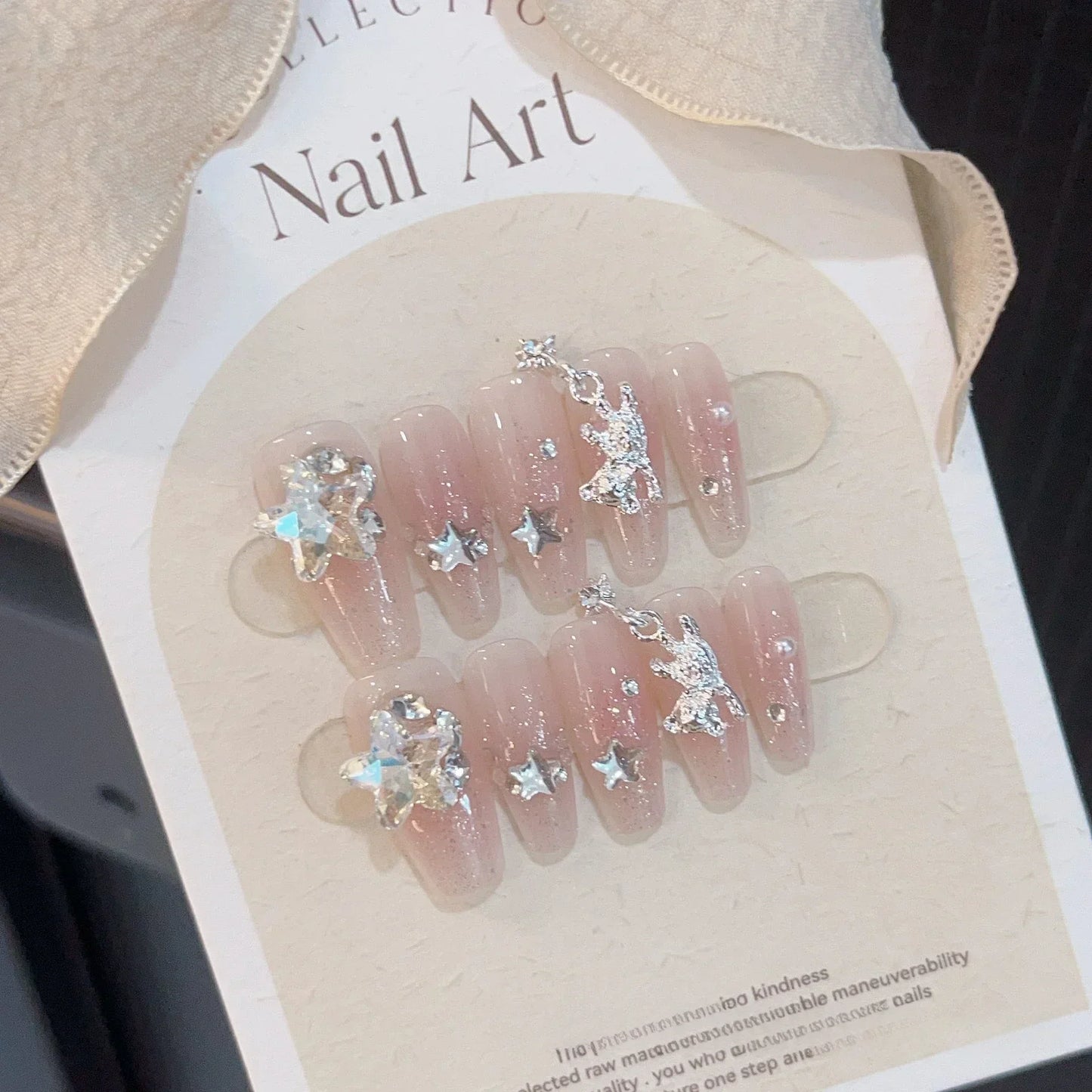 10pcs removeable ballet press on acrylic nails full cover gradient pink false nails with 3D charms handmade stick on nails long - - DYAVOR®