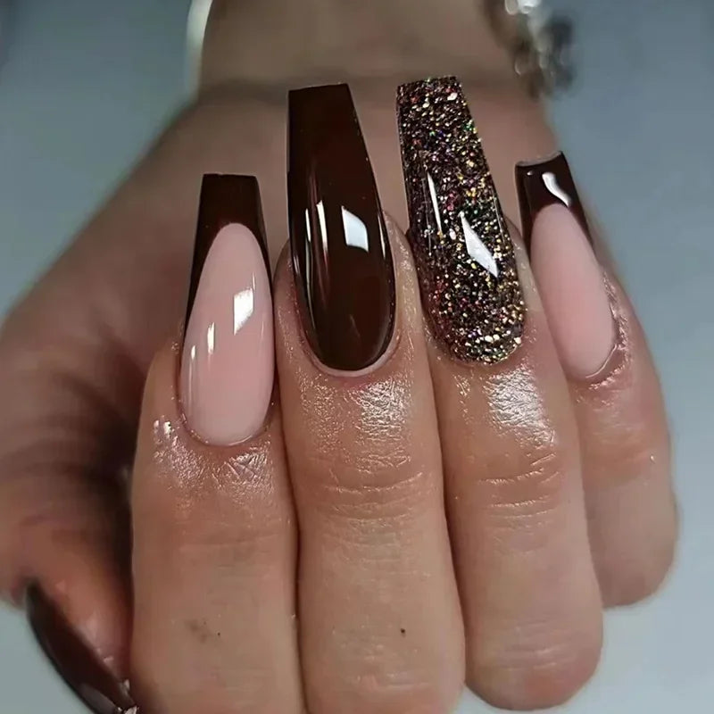 24pcs removeable false nails with glue Gradient Shinny brown coffin glitter Ballet press on nails long full cover fake nails tip