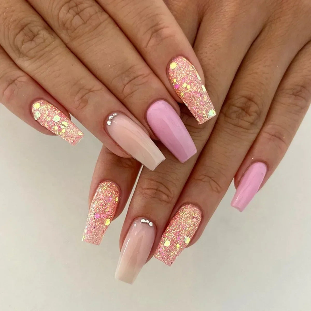 24pcs removeable false nails with glue Gradient Shinny brown coffin glitter Ballet press on nails long full cover fake nails tip