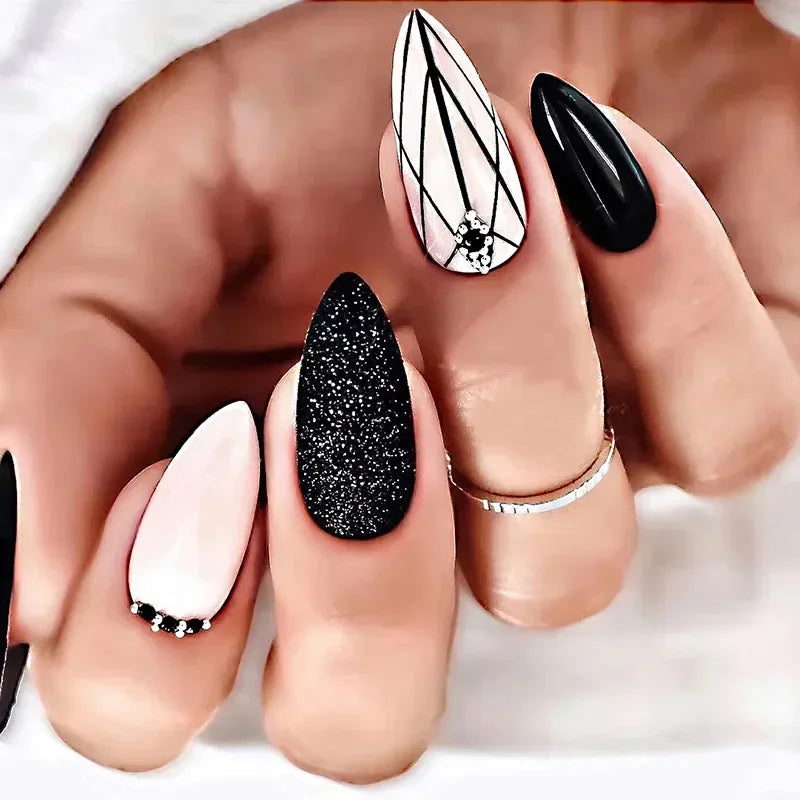 24Pcs Frosting False Nail almond with Golden Glitter Designs French Rhinestone Manicure Stiletto Fake Nails Set Press on Nails - - DYAVOR®
