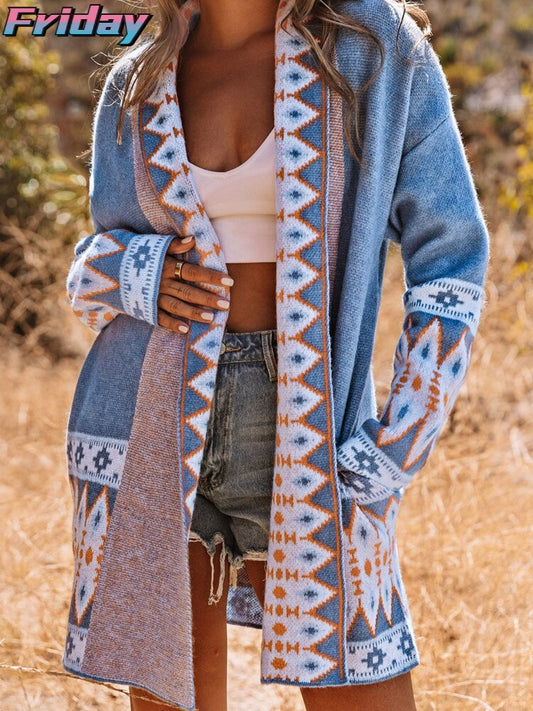 Summer Bohemian Blue Printed Knitted Cardigan Women Winter Loose Mid-length Ethnic Pattern Knitted Cardigan Fall Sweaters Female -  - DYAVOR®
