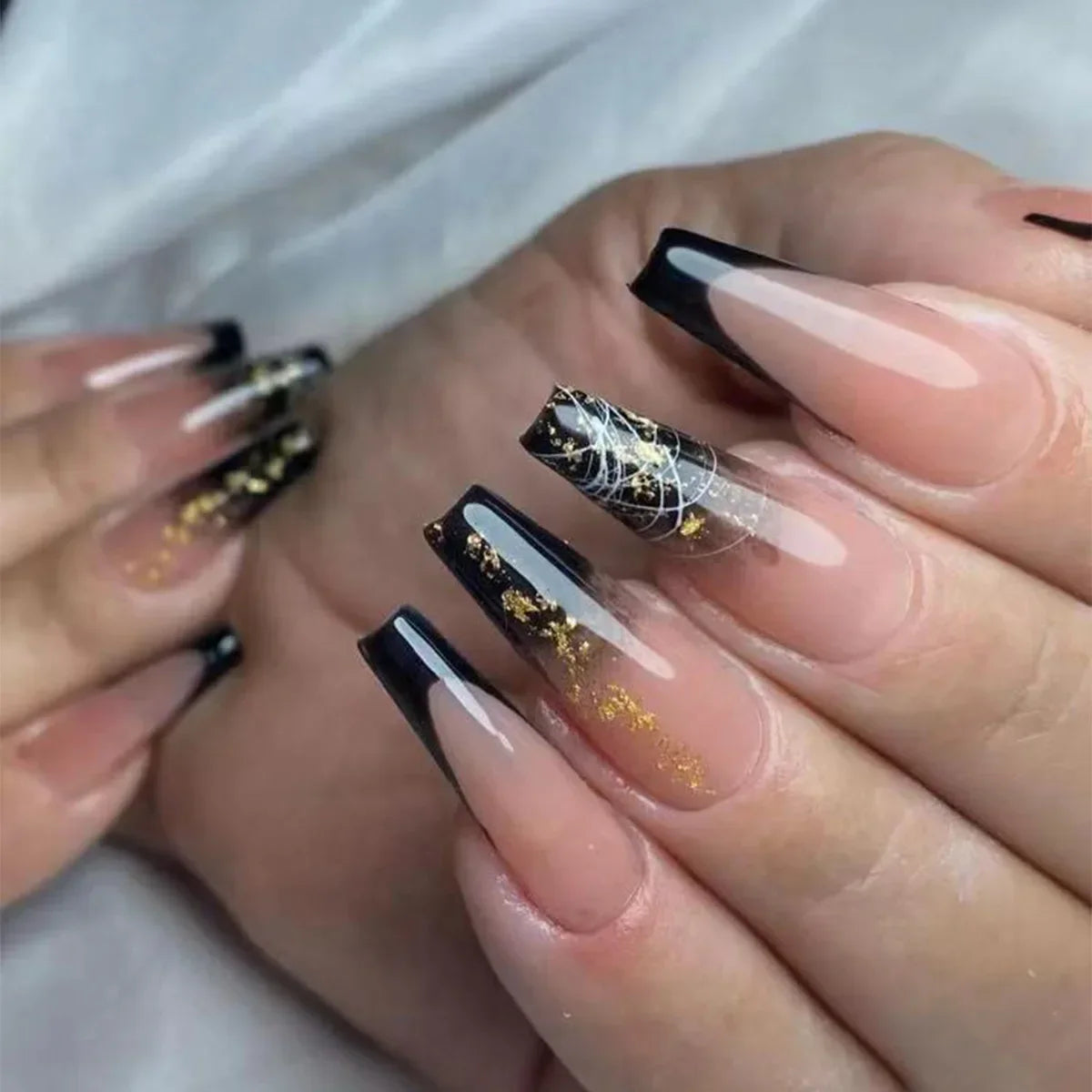 24pcs removeable false nails with glue Gradient Shinny brown coffin glitter Ballet press on nails long full cover fake nails tip