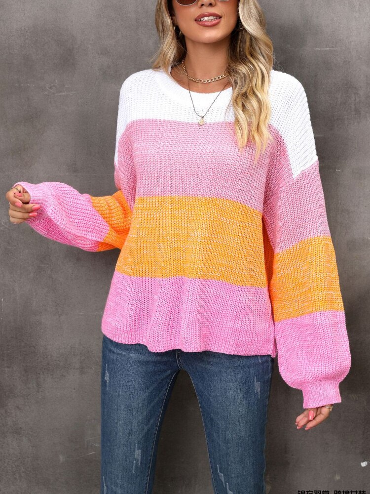 Fashion Woman Blouse 2023 Patchwork Contrast Loose Sweater Pullover Stylish Casual Crewneck Knitted Jumper Streetwear Knitwear - - DYAVOR®