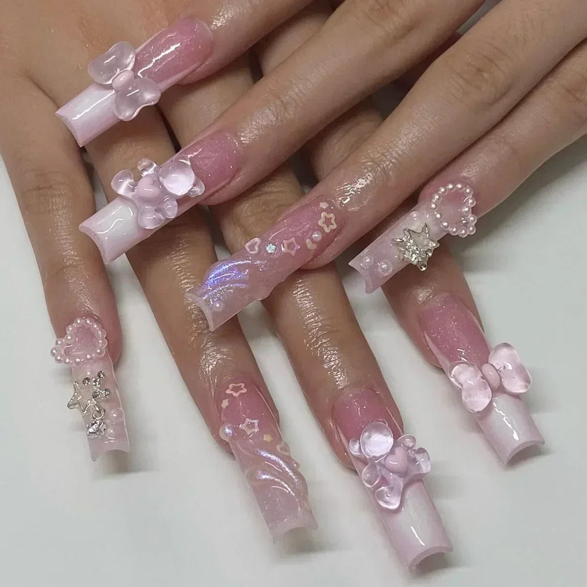 24Pcs Pink Bow Design False Nails Long Ballet Press on Nails with Pearl Wearable Coffin Fake Nails French Square Finger Nail