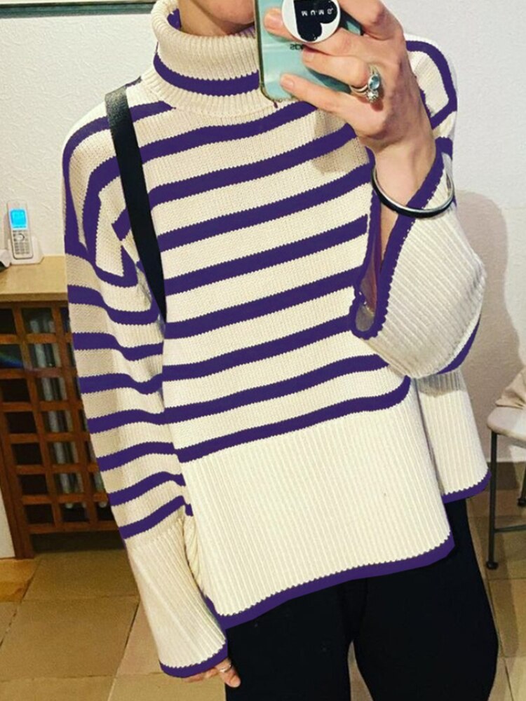 2022 Autumn New Women's High Collar Knitted Sweater Striped Slit Pullover Oversized Sweater Winter Clothes Women Thick Sweaters - - DYAVOR®