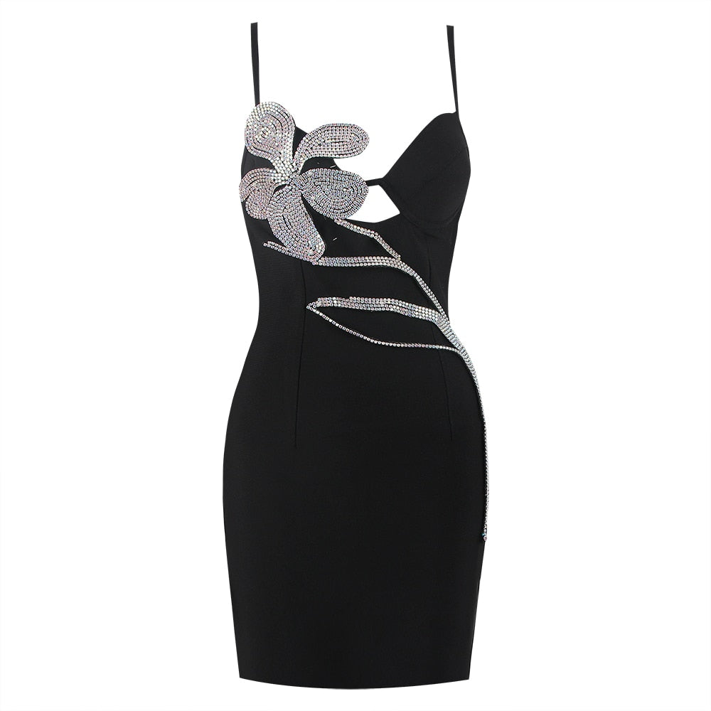 Black Mini Dress with Rhinestone Flower - - DYAVOR®