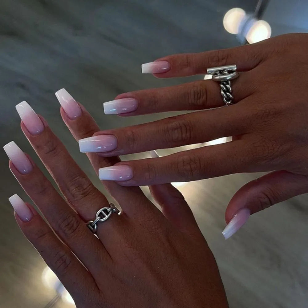 Gradient False nails French Ballerina Fake Nails Stars Blue White Wavy Flowers Nails Full Cover Press on Nails DIY Detachable - - DYAVOR®
