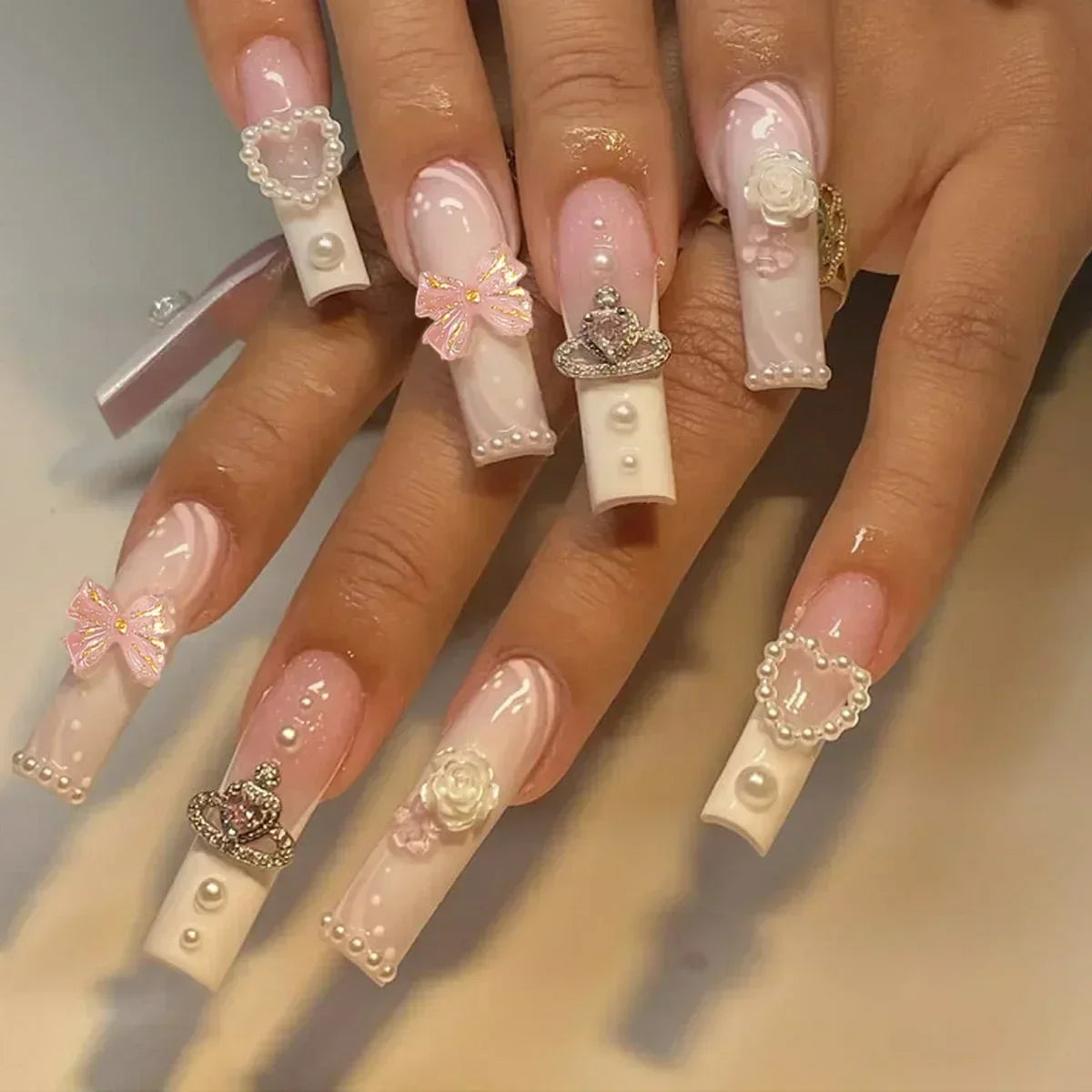 24Pcs Pink Bow Design False Nails Long Ballet Press on Nails with Pearl Wearable Coffin Fake Nails French Square Finger Nail - - DYAVOR®