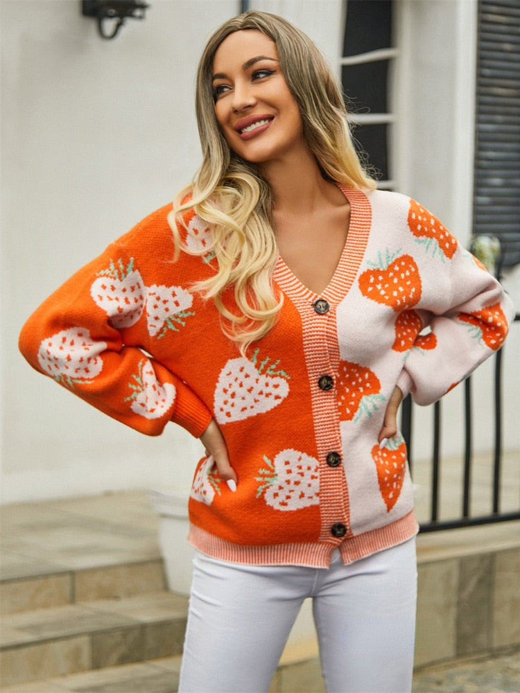 Cardigan for Women New V-neck Button Knitted Cardigan Strawberry Long-sleeved Sweater Streetwear Fashion Women Sweaters 2023 - - DYAVOR®