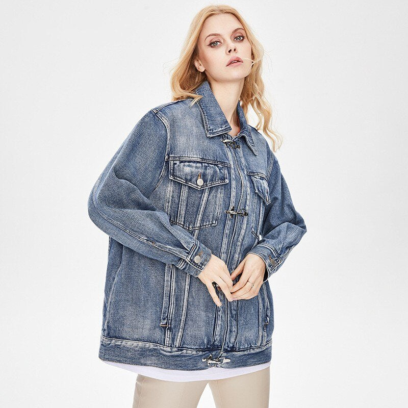 European retro blue denim jacket for women in spring 2023, new versatile, slim and fashionable polo collar long sleeved top -  - DYAVOR®