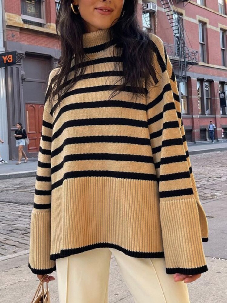 2022 Autumn New Women's High Collar Knitted Sweater Striped Slit Pullover Oversized Sweater Winter Clothes Women Thick Sweaters - - DYAVOR®