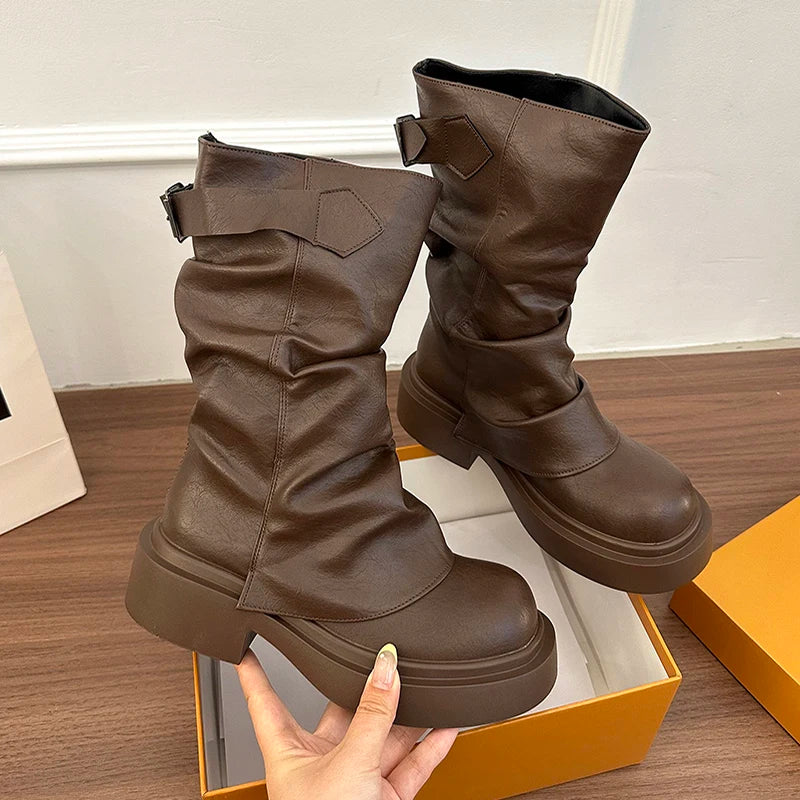 Western Cowboy Booties Thick Heel Pleated Slip-On Designer Trendy Streetwear Women