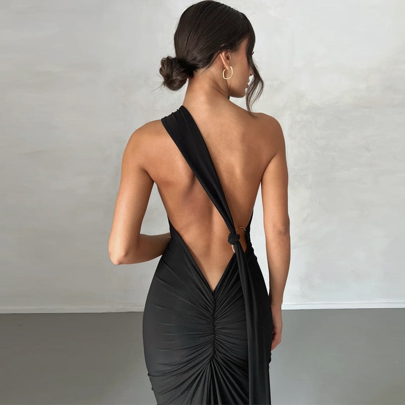 Draped Black Maxi Dress with Asymmetrical Neckline - - DYAVOR®