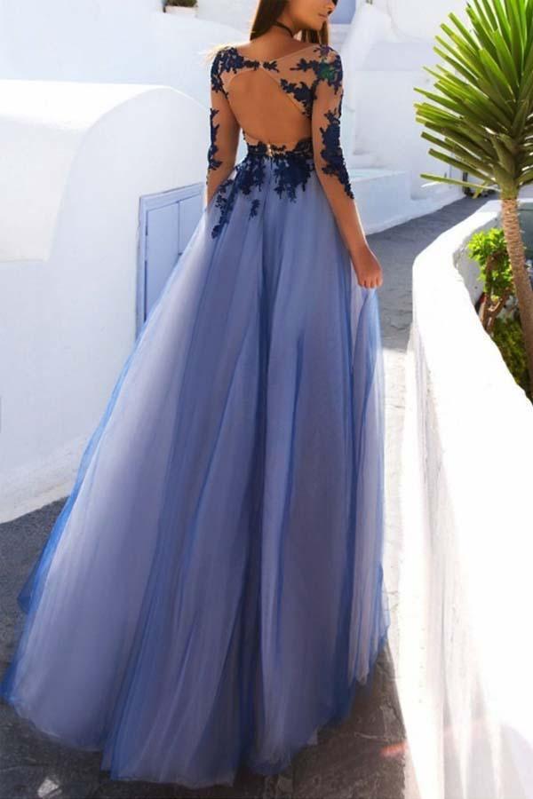 Gabrielle | Sexy Long Sleeves Blue Lace Open Back Prom Dresses Evening Dresses - Prom Dress - DYAVOR®
