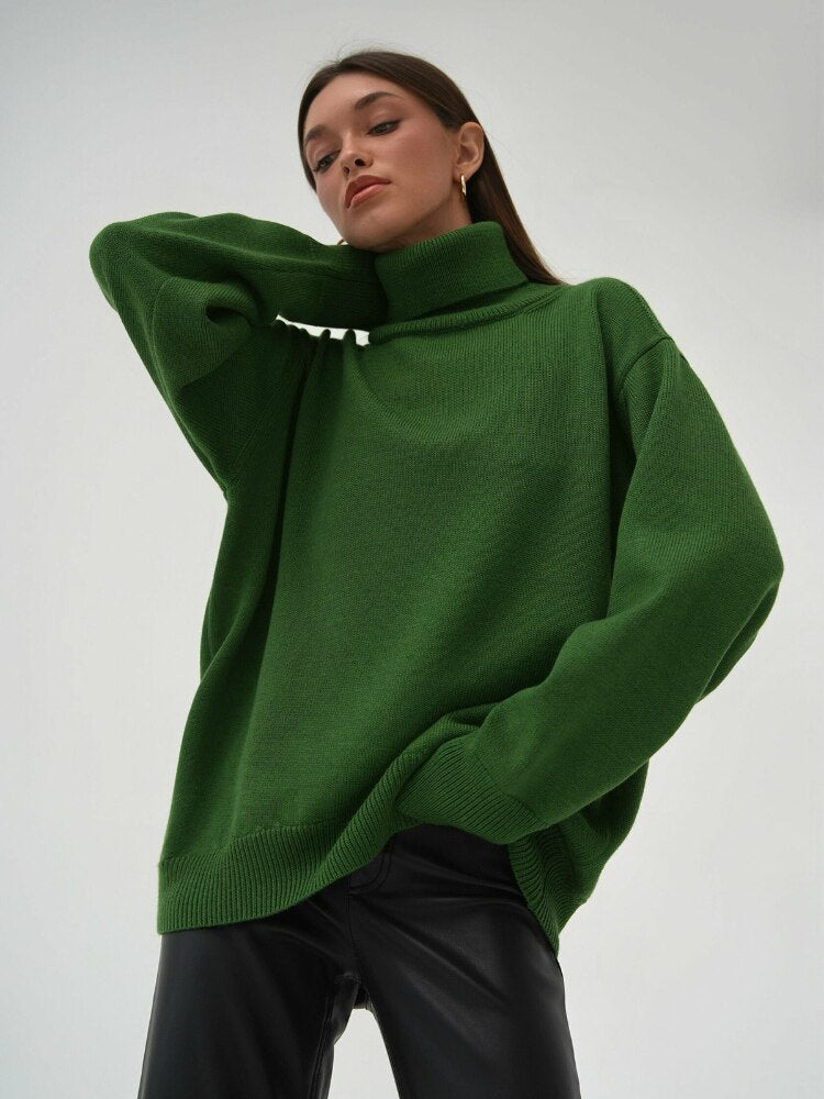 Solid Color High Neck Sweater Autumn Winter Loose Knit Pullover Women's Long Sleeve Top Versatile Classic Winter Clothes Women - - DYAVOR®