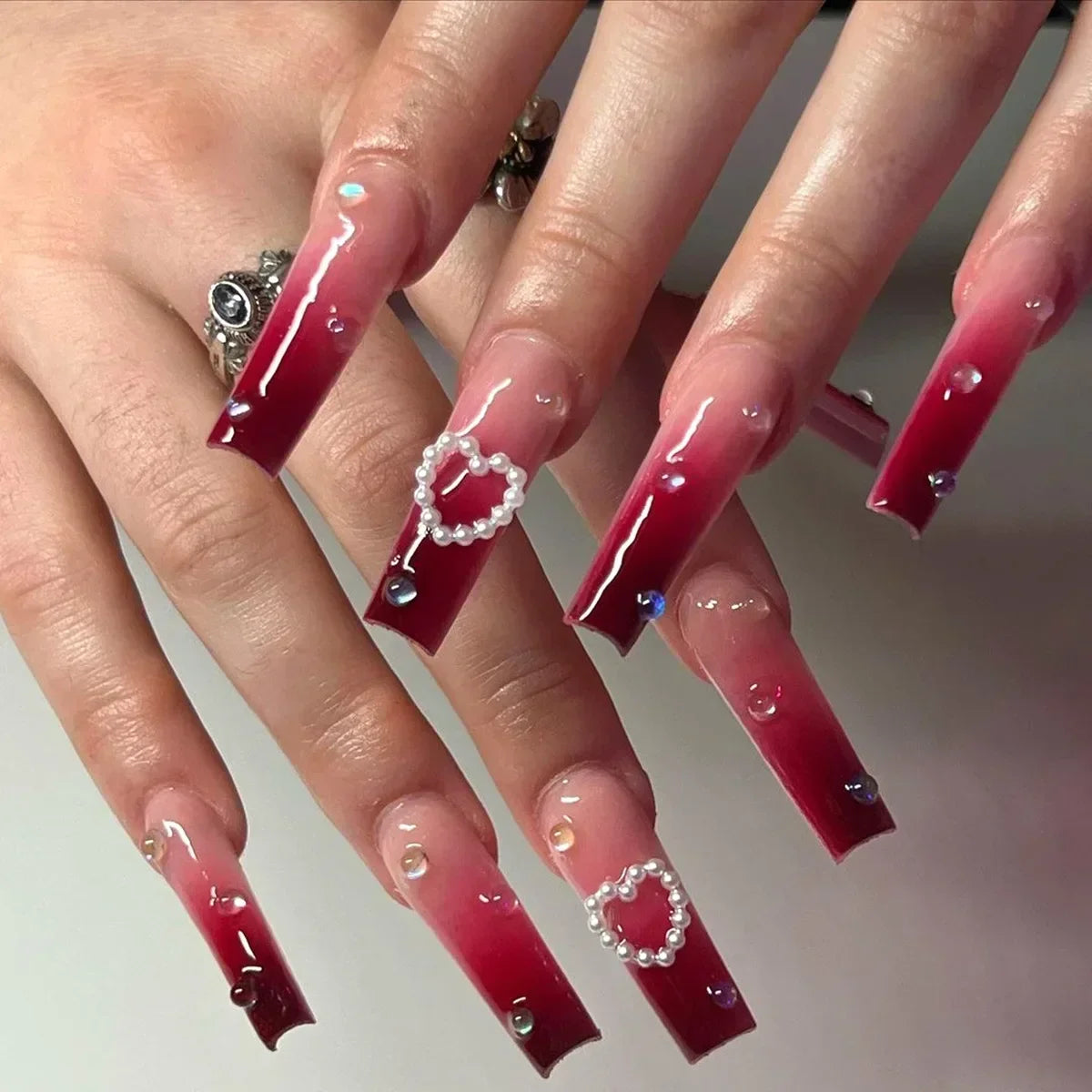 24Pcs Pink Bow Design False Nails Long Ballet Press on Nails with Pearl Wearable Coffin Fake Nails French Square Finger Nail