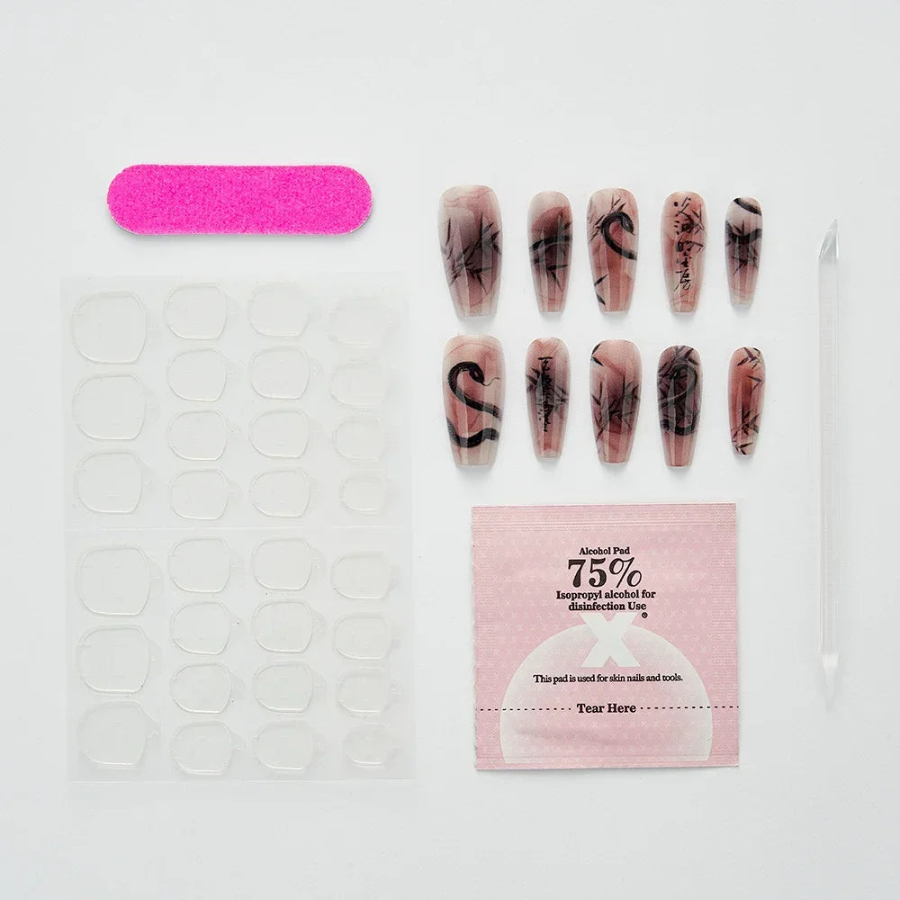 10PCS Handmade Finished Fake Nail Press on Bamboo Poetry Chinese False Nails with Glue Decorated Nails Art Stick on Nails - - DYAVOR®