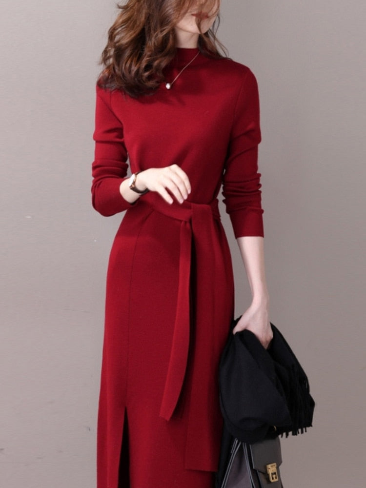 Half-necked Knitted Dress Women's Autumn Winter New Strap Temperament Split Base Sweater Skirt Dress for Women Sweaters Pullover - - DYAVOR®