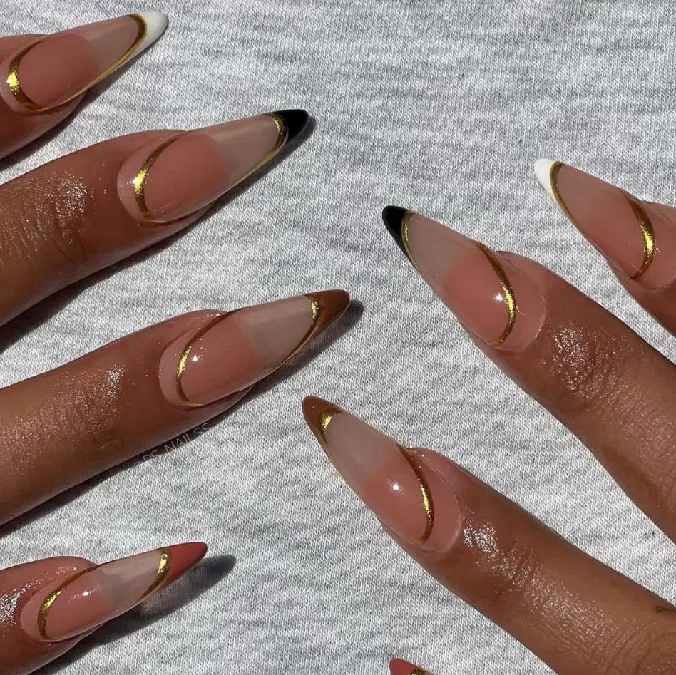 24Pcs Frosting False Nail almond with Golden Glitter Designs French Rhinestone Manicure Stiletto Fake Nails Set Press on Nails