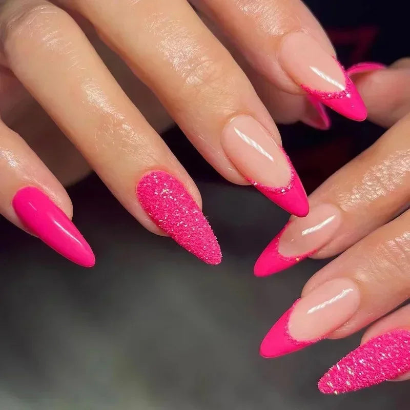 24Pcs Frosting False Nail almond with Golden Glitter Designs French Rhinestone Manicure Stiletto Fake Nails Set Press on Nails