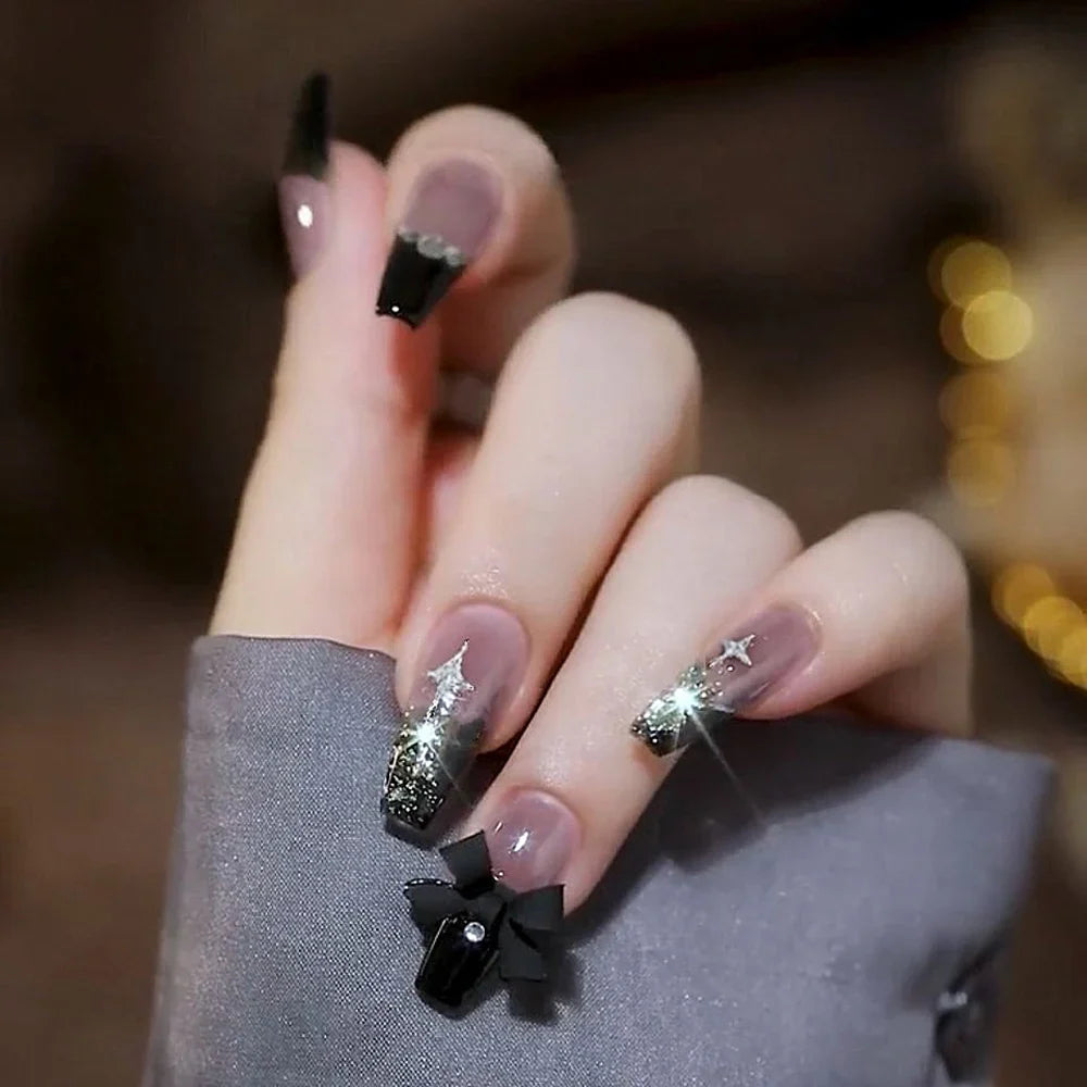 Autumn French False Nails with Butterfly Pearl Decor Bride Fake Nail Wearable Press on Nails Coffin Ballet Nail Tips for Girls - - DYAVOR®
