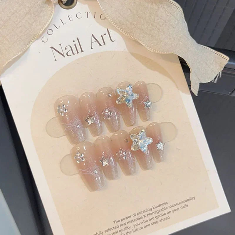 10pcs removeable ballet press on acrylic nails full cover gradient pink false nails with 3D charms handmade stick on nails long - - DYAVOR®