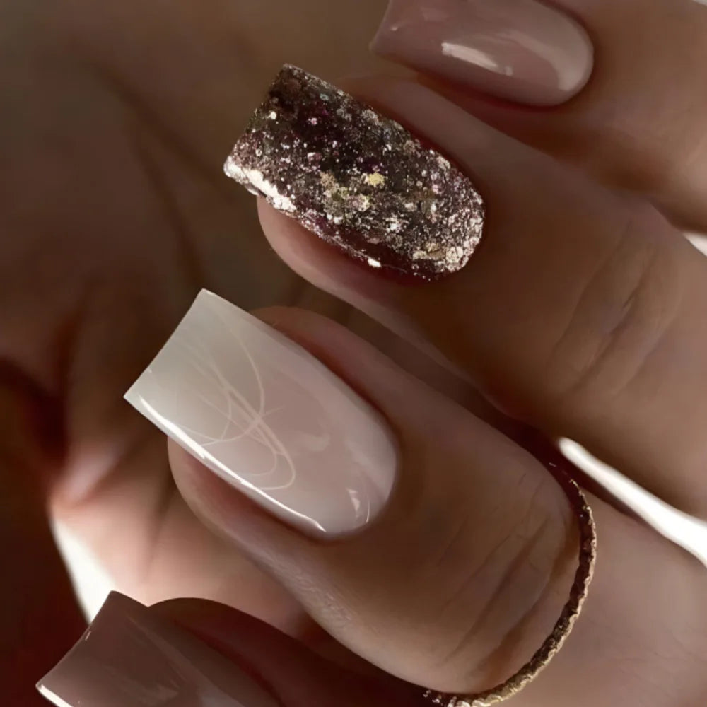 24pcs removeable false nails with glue Gradient Shinny brown coffin glitter Ballet press on nails long full cover fake nails tip -  - DYAVOR®