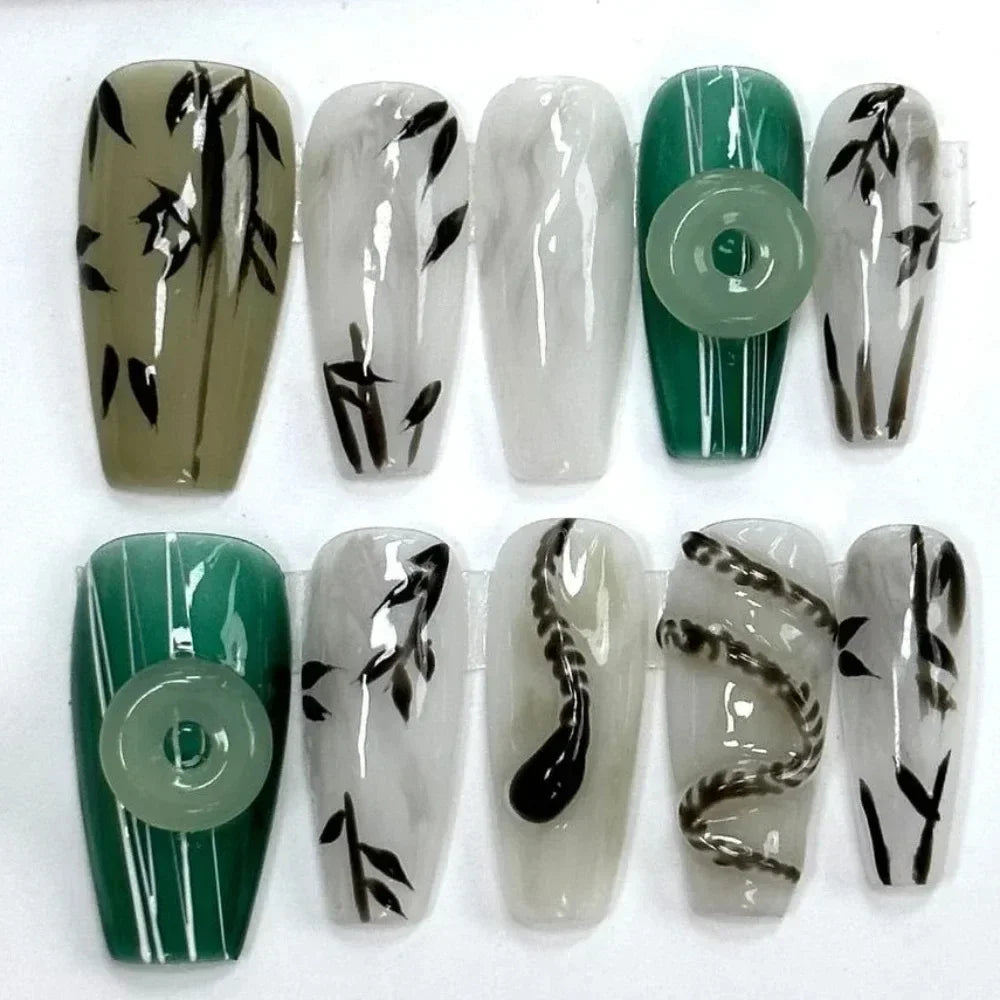 10PCS Handmade Finished Fake Nail Press on Bamboo Poetry Chinese False Nails with Glue Decorated Nails Art Stick on Nails - - DYAVOR®