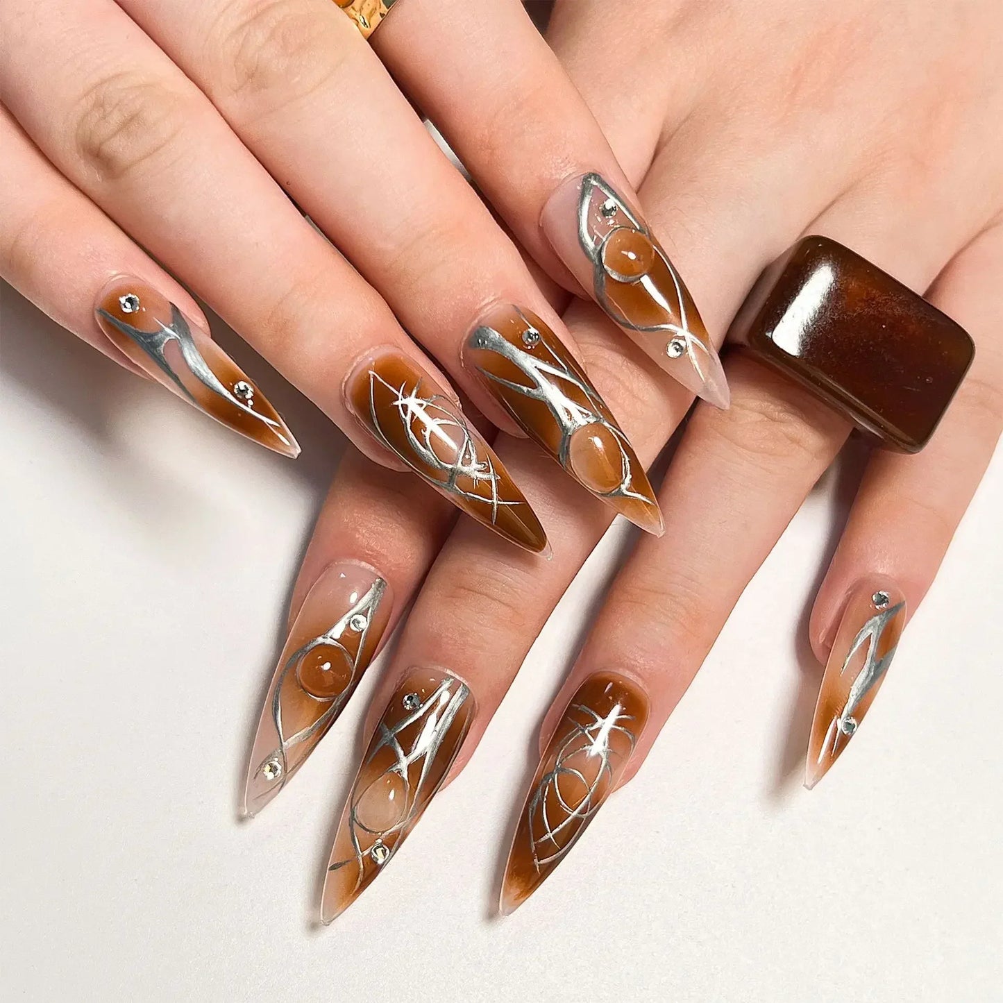 24Pcs French Almond False Nails Glitter with Rhinestones Wearable Fake Nails Artificial Simple Full Cover Press on Nails Tips - - DYAVOR®