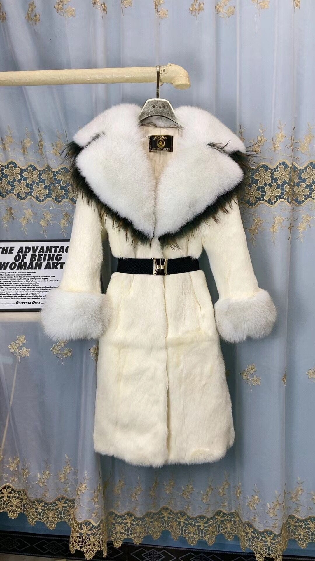 Women Real Rex Rabbit Fur Coats With Fox Lapel Collar Natural Whole Skin Genuine Fur Long Jackets Overcoat Winter -  - DYAVOR®