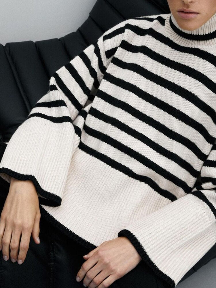 2022 Autumn New Women's High Collar Knitted Sweater Striped Slit Pullover Oversized Sweater Winter Clothes Women Thick Sweaters - - DYAVOR®