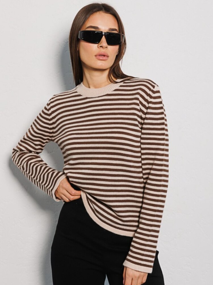 Striped Women's Sweater New Fashion Thread Contrast Round Neck Knit Pullover Office Lady Loose Knitwears Womens Clothing Tops - - DYAVOR®