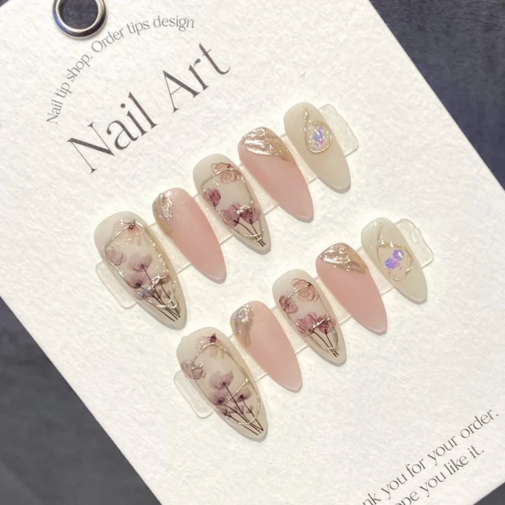Handmade Almond Press on Nails Korean Hand Paint Reusable Adhesive False Nails with Design Acrylic Artificial Manicure for Girls - - DYAVOR®