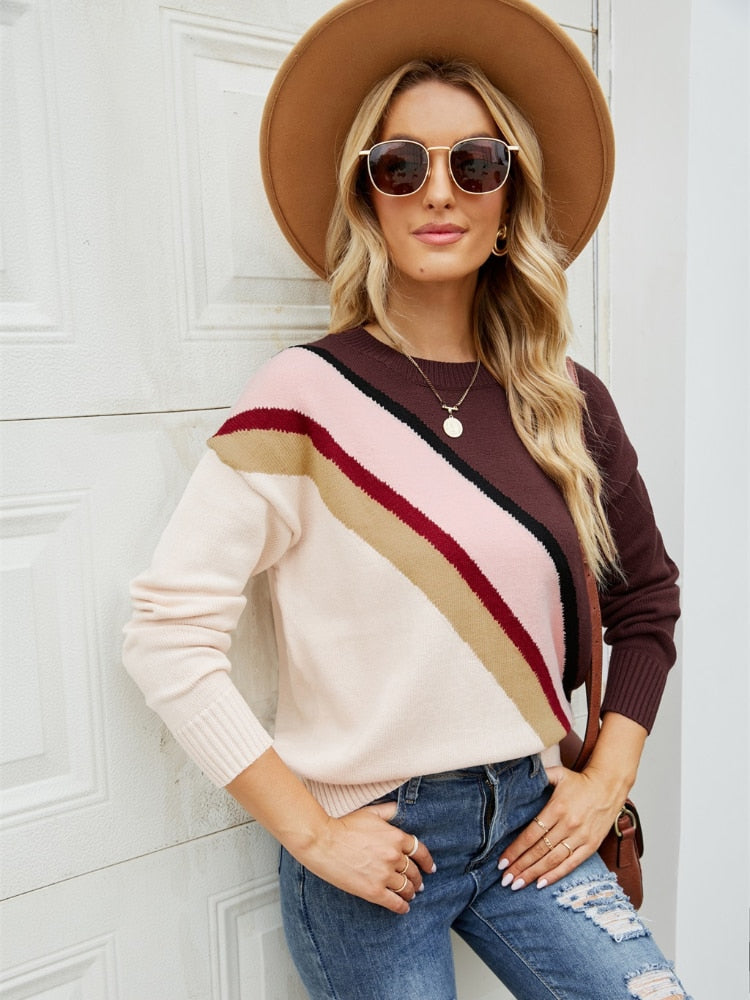 New Autumn Winter 2022 Women's Diagonal Stripe Casual Knit Pullover Round Neck Fashion Women's Long Sleeve Pullover Sweater Tops - - DYAVOR®