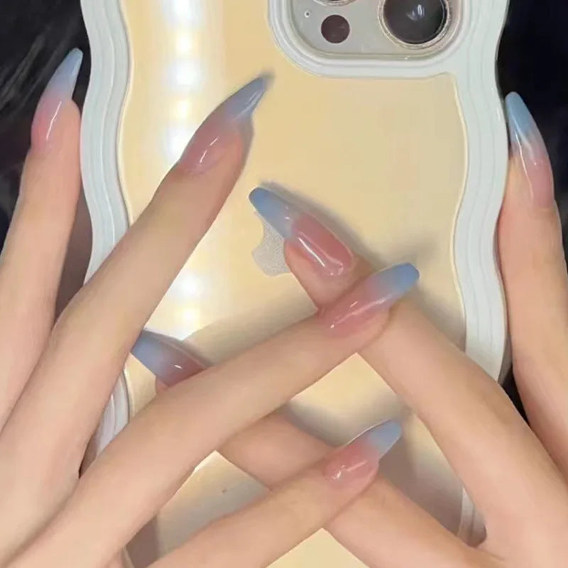 Gradient False nails French Ballerina Fake Nails Stars Blue White Wavy Flowers Nails Full Cover Press on Nails DIY Detachable - - DYAVOR®
