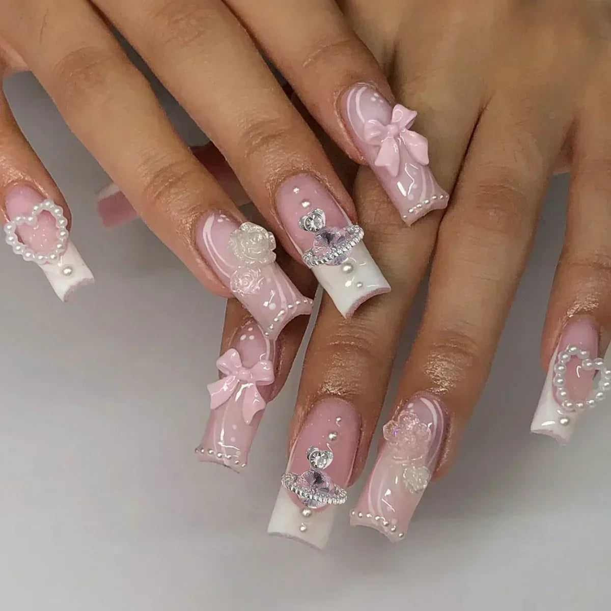 24Pcs Pink Bow Design False Nails Long Ballet Press on Nails with Pearl Wearable Coffin Fake Nails French Square Finger Nail - - DYAVOR®