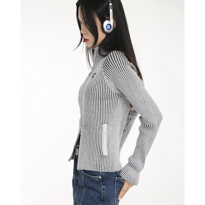 Vintage Double Zip Street Long Knitted Cardigan Women Coat Spring Cool Girl Autumn Slim Sweaters Y2k Aesthetic Jackets 2023 - - DYAVOR®