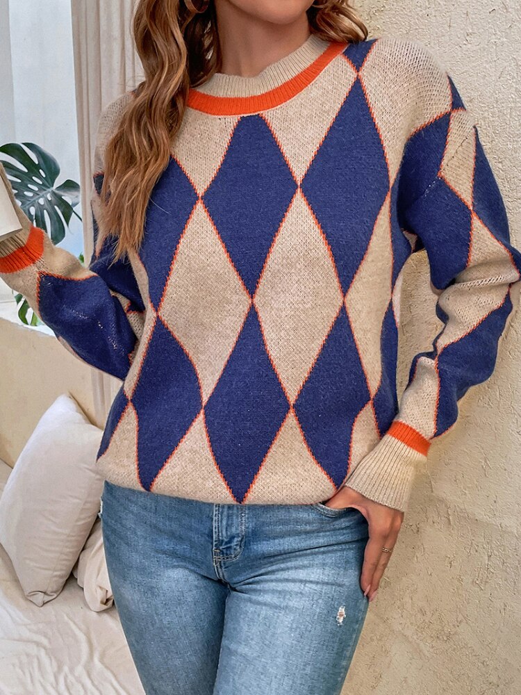 Round Neck Knit Pullover Autumn Winter New Korea Fashion Contrast Sweater Top Streetwear Thick Sweaters Women's Clothing Blouses - - DYAVOR®