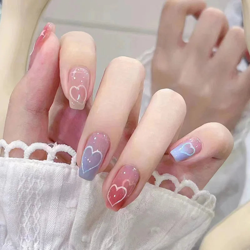 Gradient False nails French Ballerina Fake Nails Stars Blue White Wavy Flowers Nails Full Cover Press on Nails DIY Detachable - - DYAVOR®