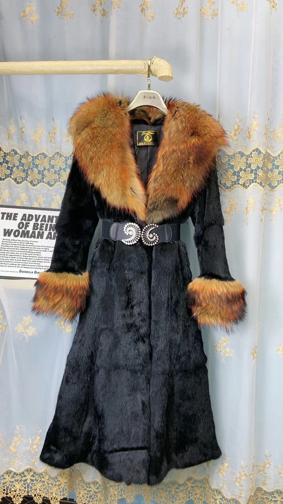 Women Real Rex Rabbit Fur Coats With Fox Lapel Collar Natural Whole Skin Genuine Fur Long Jackets Overcoat Winter - - DYAVOR®