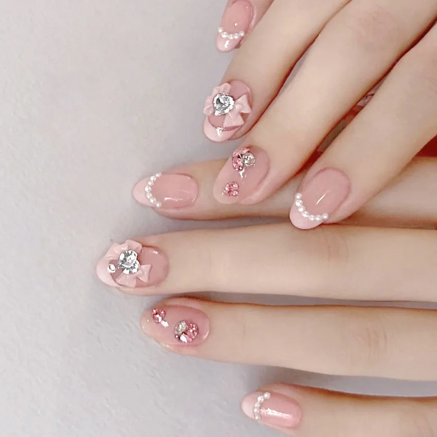 Autumn French False Nails with Butterfly Pearl Decor Bride Fake Nail Wearable Press on Nails Coffin Ballet Nail Tips for Girls - - DYAVOR®