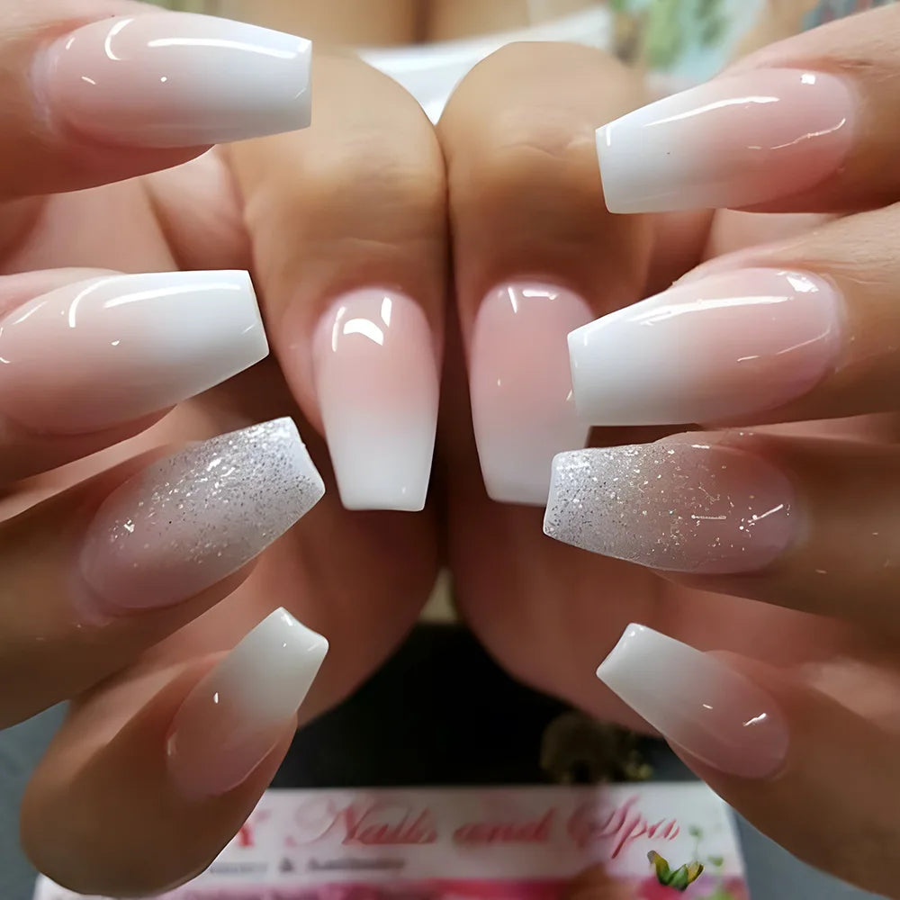 24pcs removeable false nails with glue Gradient Shinny brown coffin glitter Ballet press on nails long full cover fake nails tip - - DYAVOR®