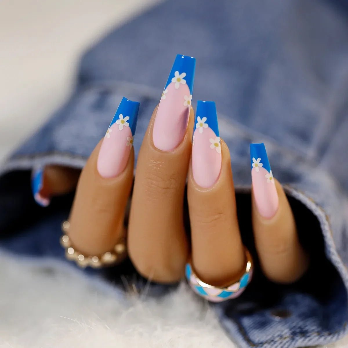 24Pcs Long Coffin False Nails Glitter Fake Nail with Rhinestones Press on Nails Full Cover Nail Tips Detachable Fake Fingernails