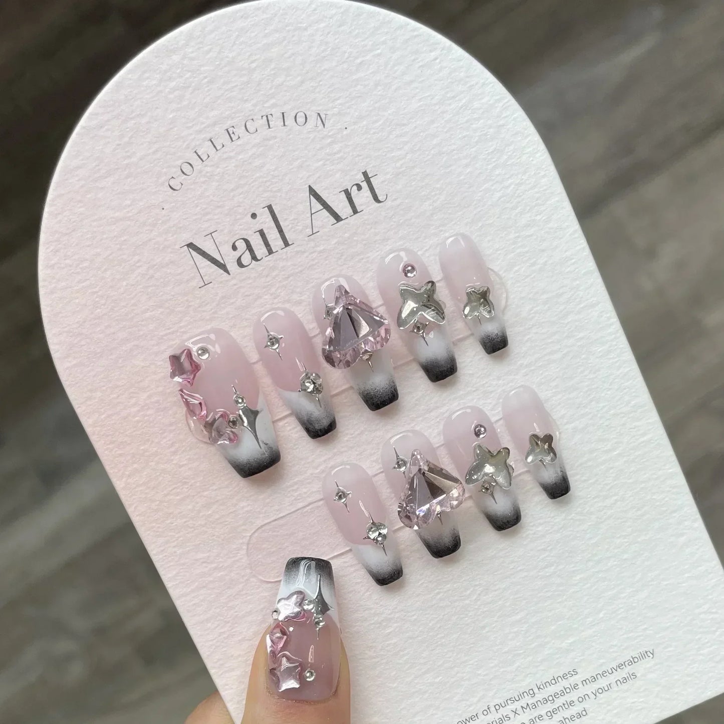 10Pcs Pink French Y2k Nail Tips Long Ballet Handmade Fake Nail Wearable False Nails with Rhinestone Press on Nails Manicure - - DYAVOR®