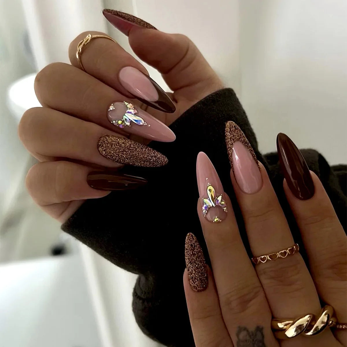 24Pcs Frosting False Nail almond with Golden Glitter Designs French Rhinestone Manicure Stiletto Fake Nails Set Press on Nails - - DYAVOR®