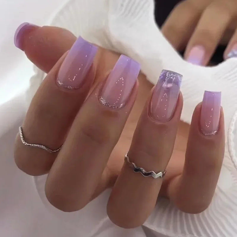24pcs removeable false nails with glue Gradient Shinny brown coffin glitter Ballet press on nails long full cover fake nails tip