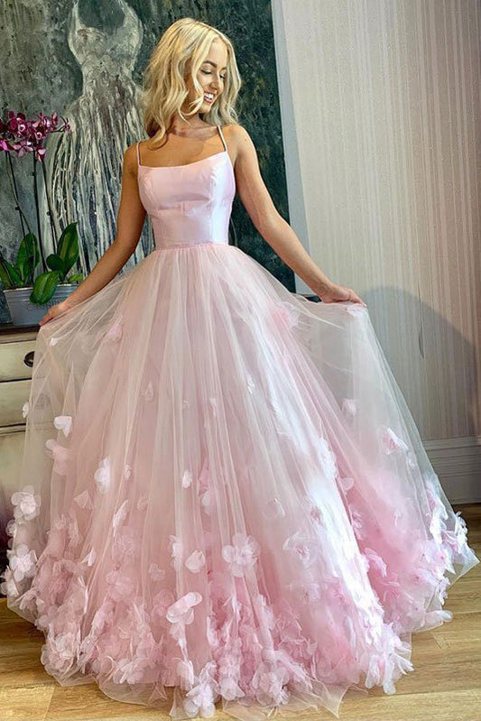 Arabella |A-line Spaghetti Straps Pink Tulle Prom Dress - prom dress - DYAVOR®